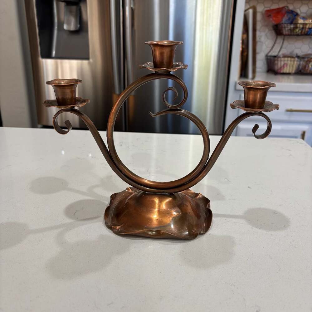 Vintage Gregorian Copper Three-Arm Candelabra Scroll Design (no candles)